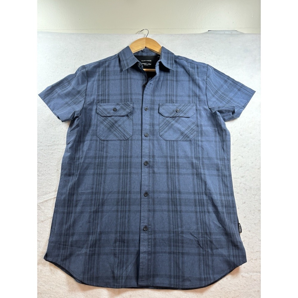 Kenneth Cole Men's Small Navy Button Up Lightweight Plaid Shirt Slim Summer